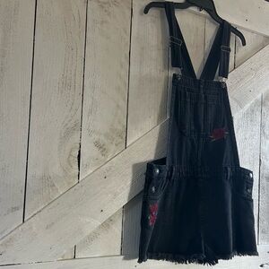Black Denim Overalls with Rose Embroidery
